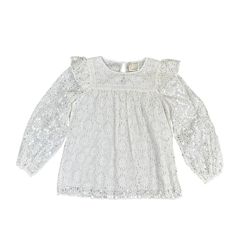 Sail to Sable White Eyelet Lace Ruffle Shoulder Blouse Top Medium